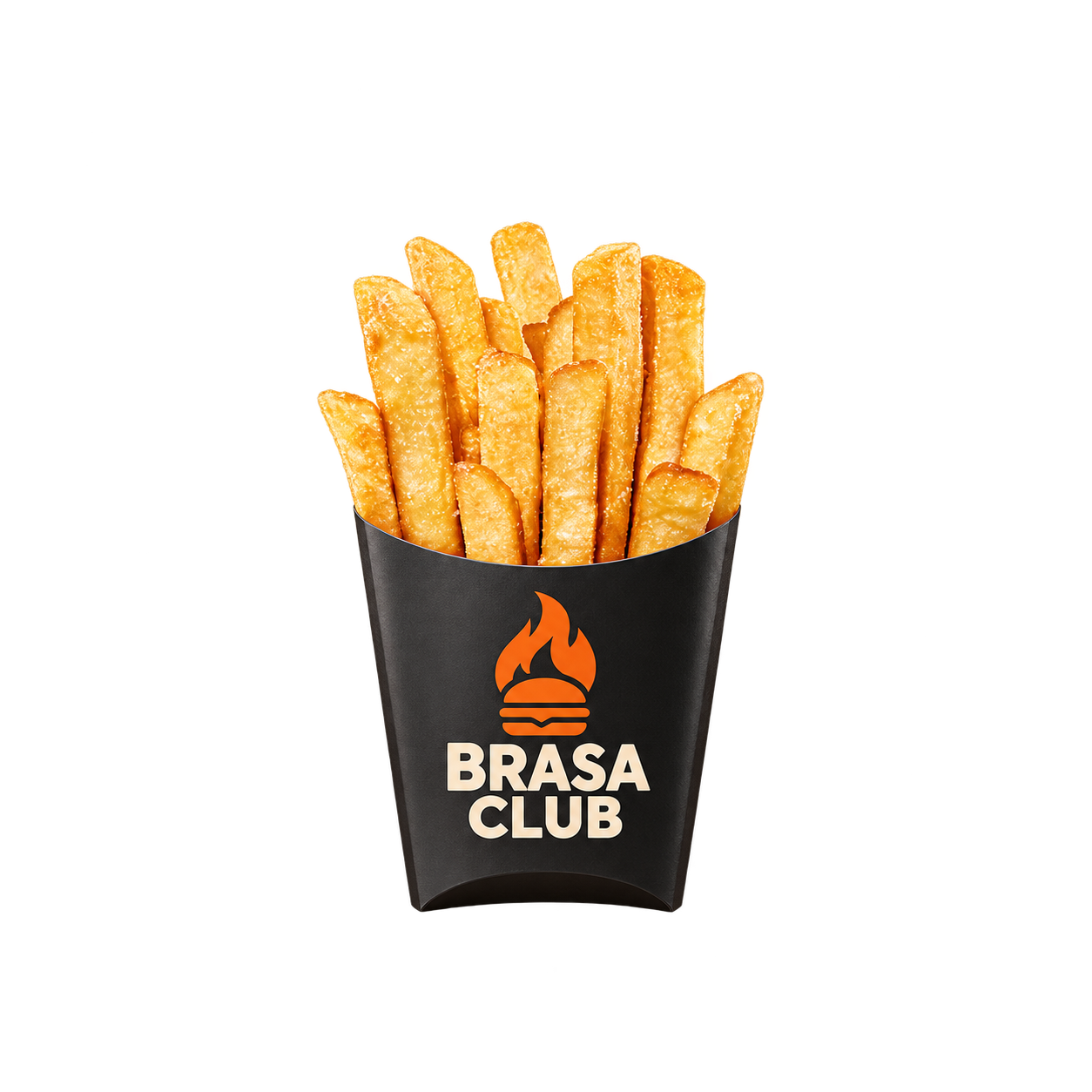 Batatas fritas na embalagem Brasa Club
